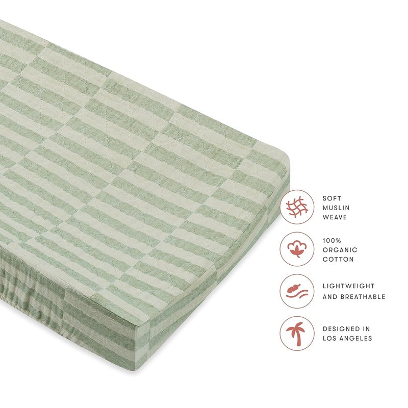 babyletto 100% Quilted Organic Cotton Changing Pad Cover, GOTS-Certified, Fitted 360°, Ultra-Soft and Breathable Muslin - Moss Green Offset Stripe - Image 3